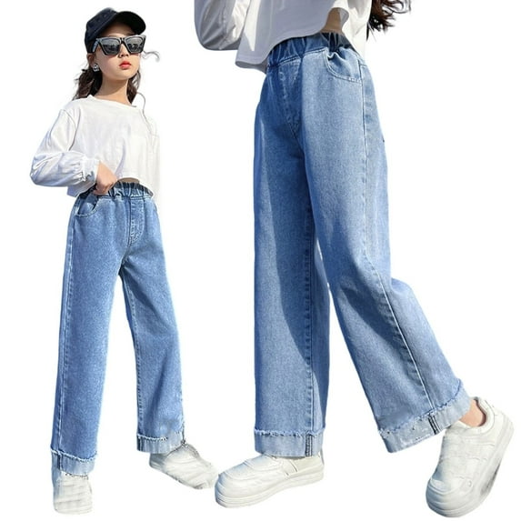 Girls Jeans Pants Elastic High Waist Wide Leg Pants Teen Clothing Girls Pants Size 9-10 Years Girls Fashion