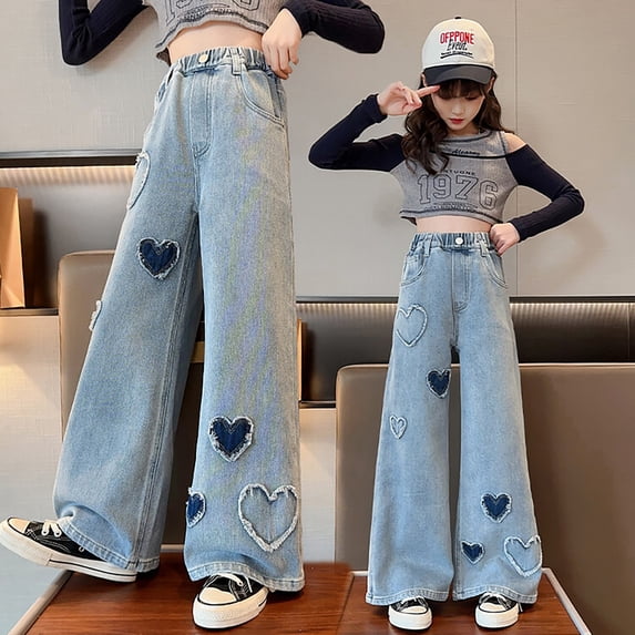 Girls'Fashion Jeans Elastic High Waist Wide Leg High Waist Denim Pants for Preppy Clothes for Girls