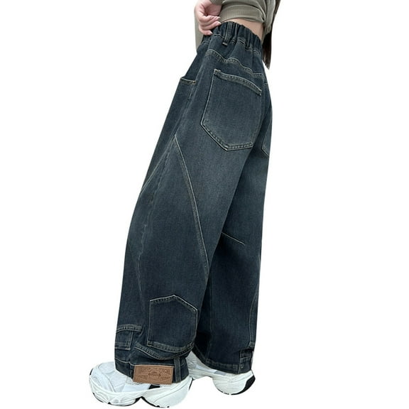 Girls Jeans Pants Elastic Waist Wide Leg Pants Pants for Teen Girls Juniors Jeans 12-13 Years Girls Fashion