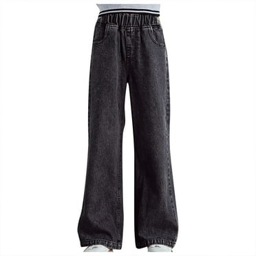 Girls Jeans Pants Plain Elastic High Waist Straight Leg Denim Jean Casual Long Pant with Pockets