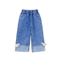 thumbnail image 1 of Girls Jeans Rhinestones Studded Trendy Casual Elastic Waisted Wide Leg Denim Long Pants Spring Summer Clothes (1-2 Years, Blue #D), 1 of 5
