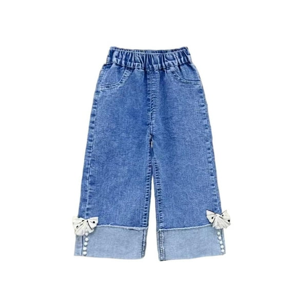 Girls Jeans Rhinestones Studded Trendy Casual Elastic Waisted Wide Leg Denim Long Pants Spring Summer Clothes (1-2 Years, Blue #D)