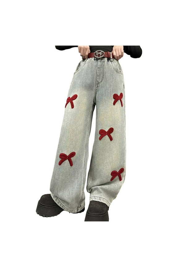 Girls Jeans Size 10-12 Adjustable Waist Long Ripped Girls Jeans Baggy Wide Leg Ripped Denim Pants Heart & Flower Print High Elastic Waisted Y2K Skater Outfits 8-12Y