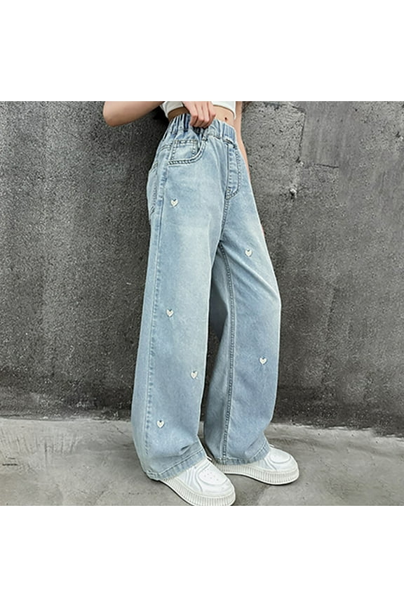 Girls Jeans Size 10-12 Skinny Girls Jeans Baggy Wide Leg Ripped Denim Pants Heart & Flower Print High Elastic Waisted Y2K Skater Outfits 8-12Y Casual Stretch Demin Pants