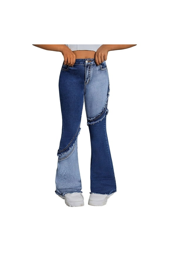 Girls Jeans Size 10-12 Skinny Tween Girls Wide-Leg Jeans Casual Zipper Fly Elastic Waist Trendy Baggy Denim Pants with Pockets