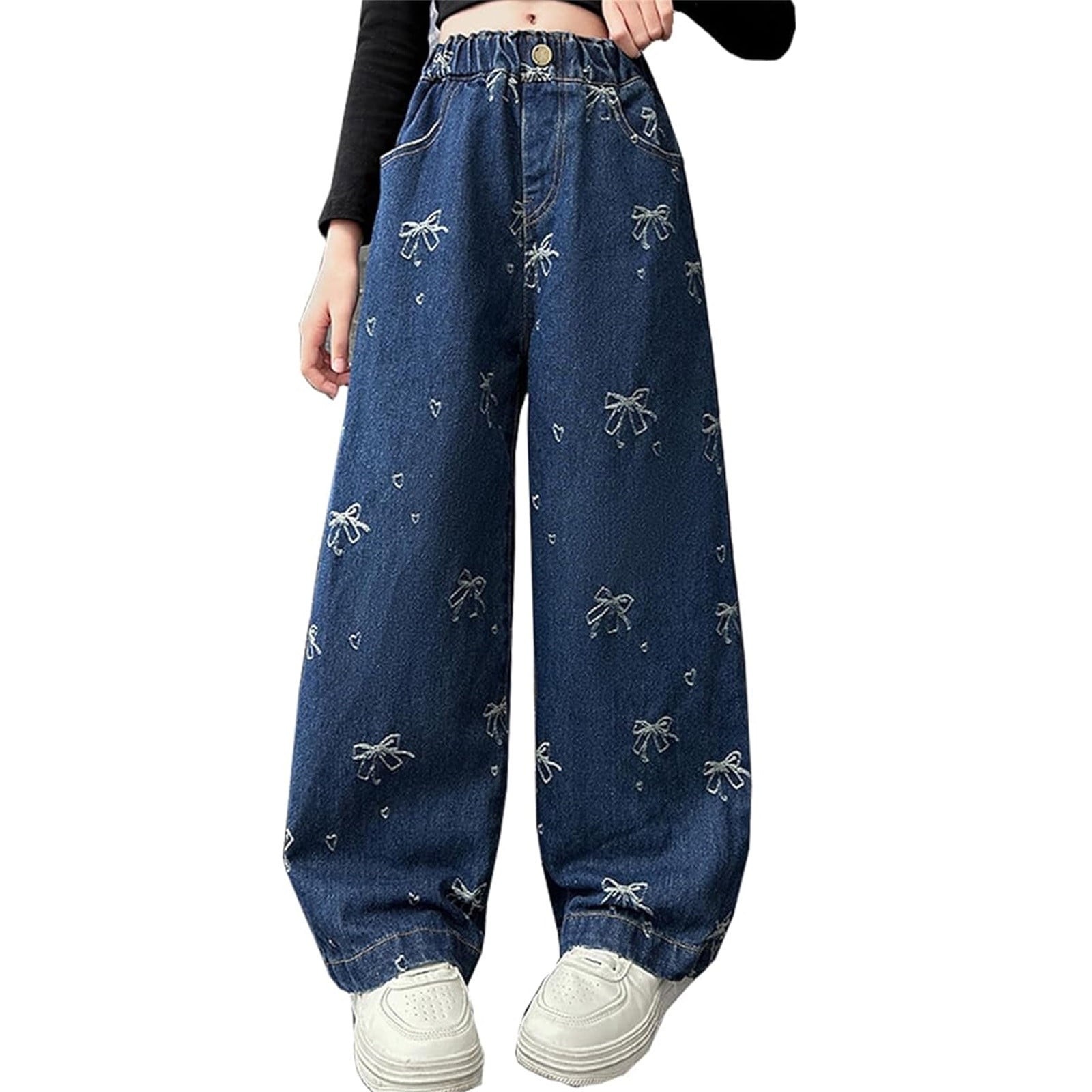 Girls Jeans Size 7 Cute Print Elastic High Waist Jeans Wide Leg Loose Denim Pants Baggy Denim Pants Trousers Blue,12-13 Years