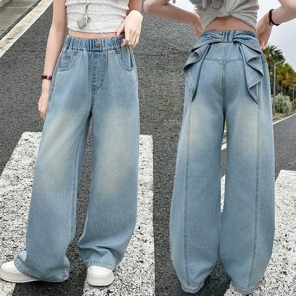 Girls Jeans Size 8 Teen Girl Jeans Girl's Bow Print Back Zipper Fly Elastic High Waist Denim Pants Basic Wide Leg Jeans