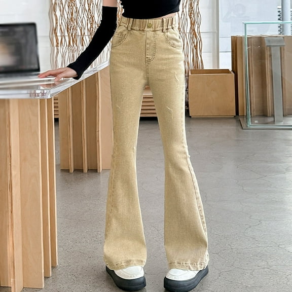 Girls Jeans Solid Jeans Girls Bell Bottom Jeans High Waist Loose Pants with Pockets Cute Outfits for School 6-7 Years