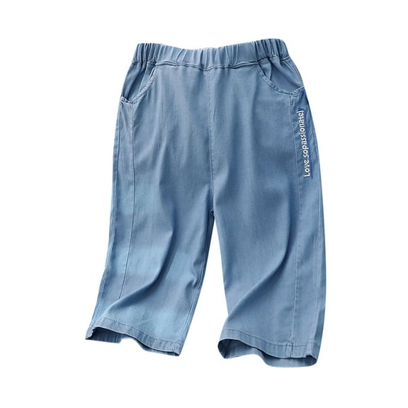Girls Jeans Split Hem Wide Leg Long Denim Pants with Pocket Lightweight High Waist Trousers Travel Kids Clothes Light Blue,5 Years