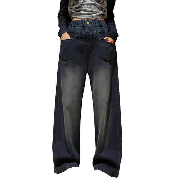 Girls Jeans Spring Autumn Baggy Straight Wide Leg Slim Trousers with Pockets Casual Comfy Outwear Demin Pants Size 5-6 Y