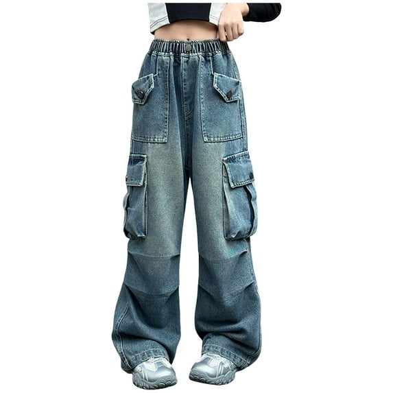 Girls Jeans Teen Girl Clothes Girls Jeans Wide Leg/Flare/Skinny Denim Pants Ripped Baggy High Waisted with Pockets Teen Casual Kids Blue 7-9 Years