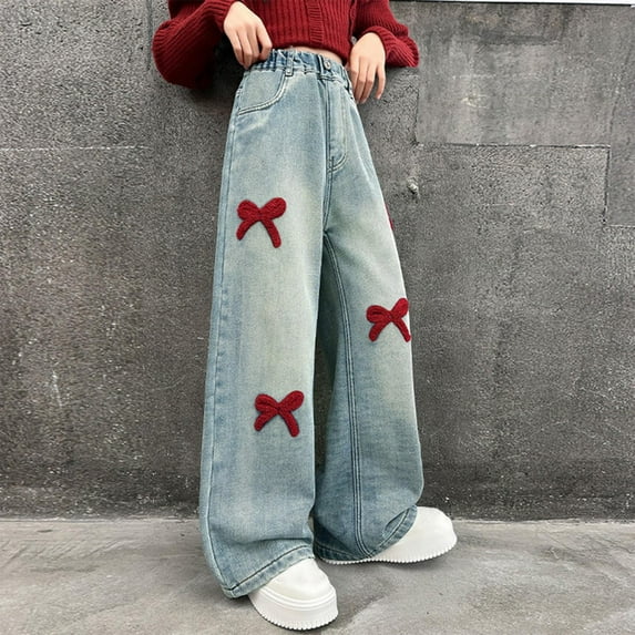 Girls Jeans Teenager Boys Cargo Trousers Vintage Baggy Children's Spring Wide Leg Streetwear Hip Hop Trouser Casual Straight Bootcut Denim Pants with Pockets Kids Jeans Blue bowknot 7-8 Years