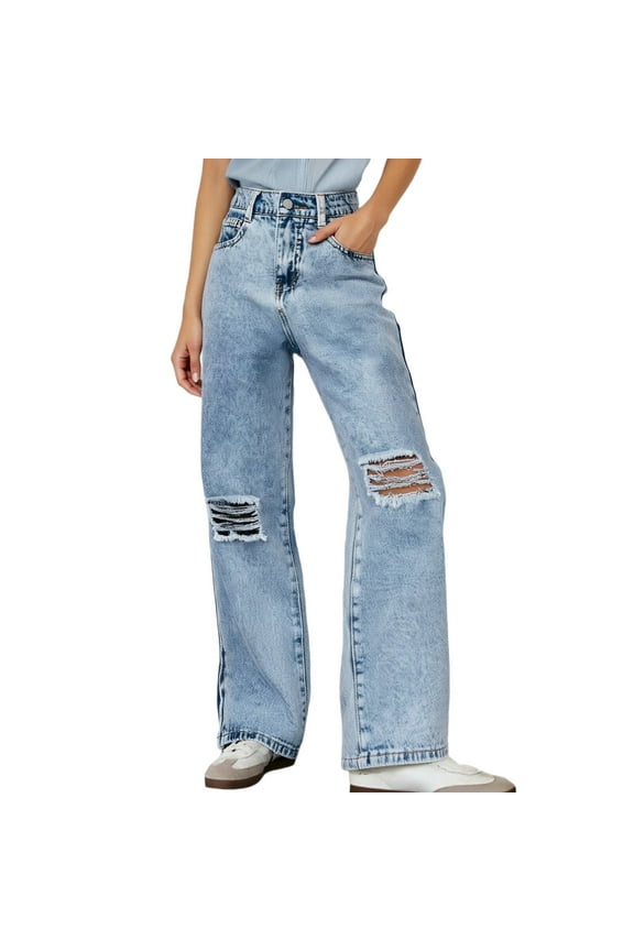 Distressed Wash Wide Leg Jeans for Teen Girls Comfortable Stretch Denim Trousers Casual Everyday Wear