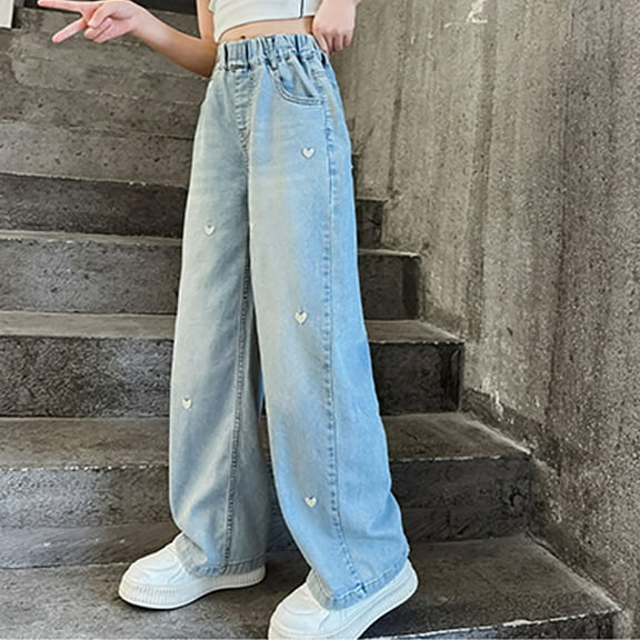 Girls Jeans Toddlers Baggy Candy Colors High Elastic Waist Loose Wide Leg Denim Pants Straight Trousers Girls Pants Size 10-12 Jeans