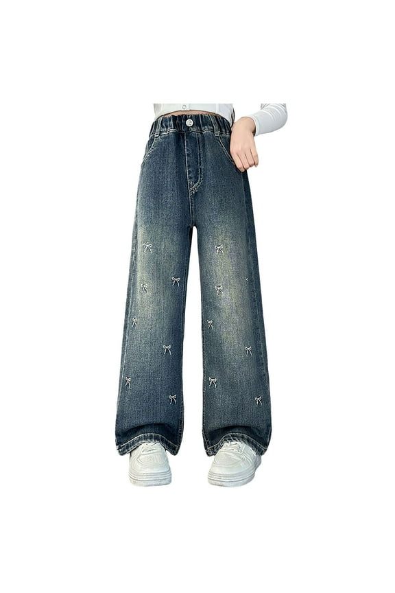 Girls Jeans Wide Leg Baggy Denim Pants High Elastic Waisted Cute Bow Heart Trousers Casual Kids Streetwear for 7-14Y Teen Girls Ripped