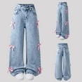 thumbnail image 1 of Girls Jeans Wide Leg Baggy High Waist Cute Bow Denim Pants with Pockets Elastic Waisted Casual Kids Streetwear Trousers Blue Sizes 6-7 Y, 1 of 10