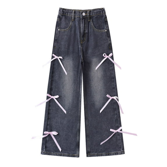 Girls' Jeans With Bow, Zipper Fly Elastic High Waist Denim Pants Basic Wide Leg Jeans Casual Stretch Trousers School 6-14Y
