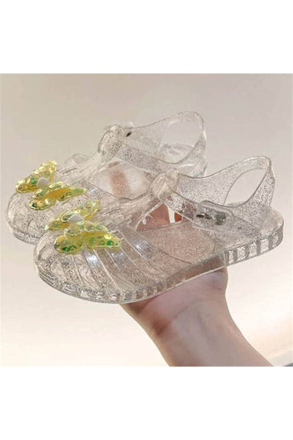 Girls Jelly Sandals with Butterfly & Glitter, Closed Toe T-Strap Adjustable Non-Slip Waterproof Summer Beach Shoes for Kids Little Kids Yellow,Size 25