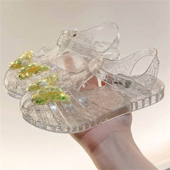 Girls Jelly Sandals with Butterfly & Glitter, Closed Toe T-Strap Adjustable Non-Slip Waterproof Summer Beach Shoes for Kids Little Kids Yellow,Size 32