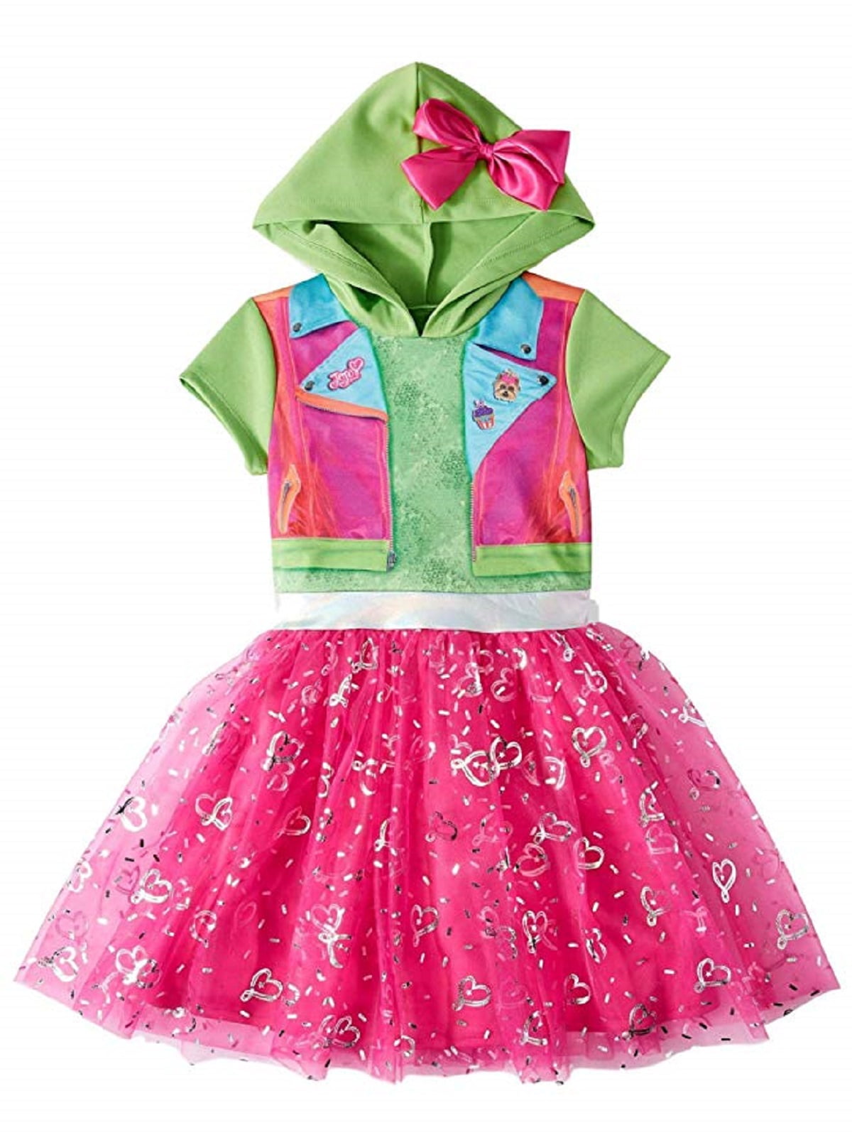 Girls JoJo Siwa Coplay Tulle Tutu Dress Hooded Shirt Top with Bow Medium 7 8 Green
