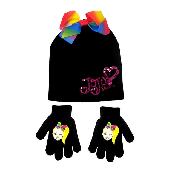 Girls JoJo Siwa Knit Beanie Hat Bow & Gloves Black Rainbow Sequin 2-Piece Set