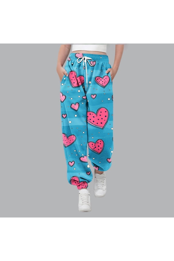 Girls Jogger Pants Turquoise Pink Heart Print Soft Stretch Elastic Waist Ruffled Cuff Multicolor Casual Loungewear for Kids Ages 6-14,Size 5-6T