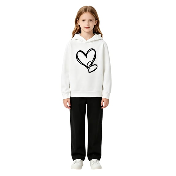 Girls Jogger Set Heart Print 2 Piece Outfits Matching Set Pullover Hoodies and Athletic Joggers for Kids Tracksuit Clothes