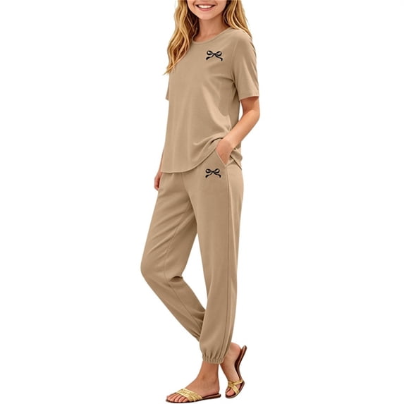 Girls Jogger Set Sport 2 Piece Set Short Sleeve T Shirt and Sweatpants Soft Matching Casual Outfit Khaki 13-14Years