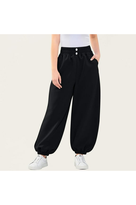 Girls Joggers High Waisted Baggy Sweatpants Wide Leg Buttons Trendy Casual Loose Pants Fall Fashion Trousers Y2K Solid Color Pull On Bottoms with Pockets, Size 1-12