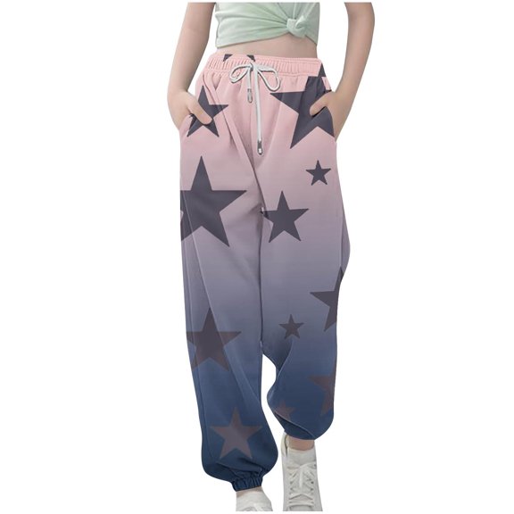 Girls Joggers Pants with Pockets Gradient Color Stars Printed Sweatpants Cinch Bottom Loose Wide Leg Trosuers (13-14 Years, Light Blue)