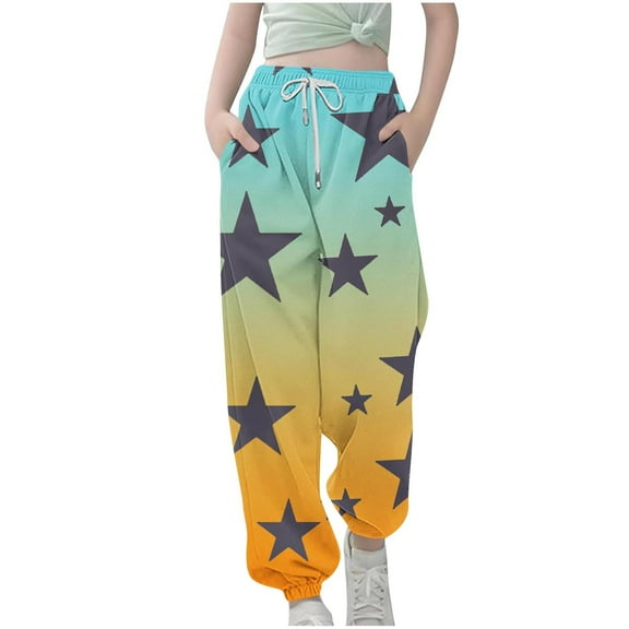 Girls Joggers Pants with Pockets Gradient Color Stars Printed Sweatpants Cinch Bottom Loose Wide Leg Trosuers (13-14 Years, Orange)