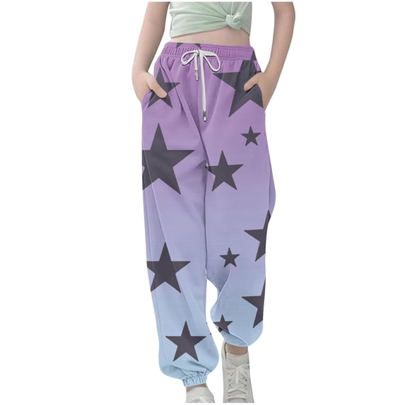 Girls Joggers Pants with Pockets Gradient Color Stars Printed Sweatpants Cinch Bottom Loose Wide Leg Trosuers (3-4 Years, Beige)