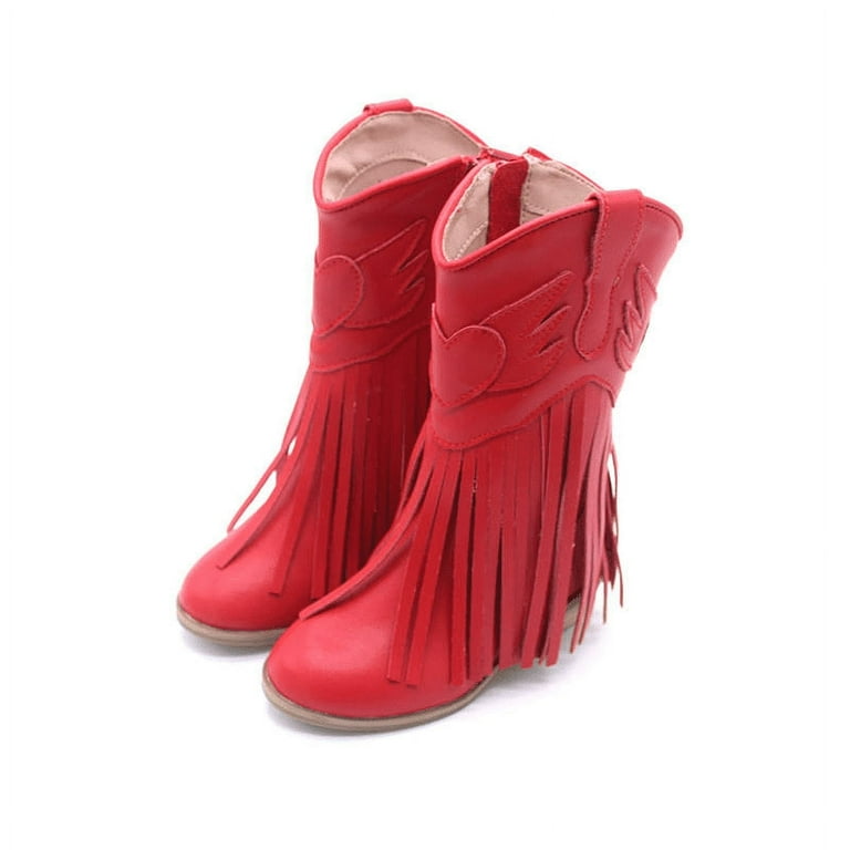 Girls Jolene fringe leather Cowgirl Boots with heel, Red 10T