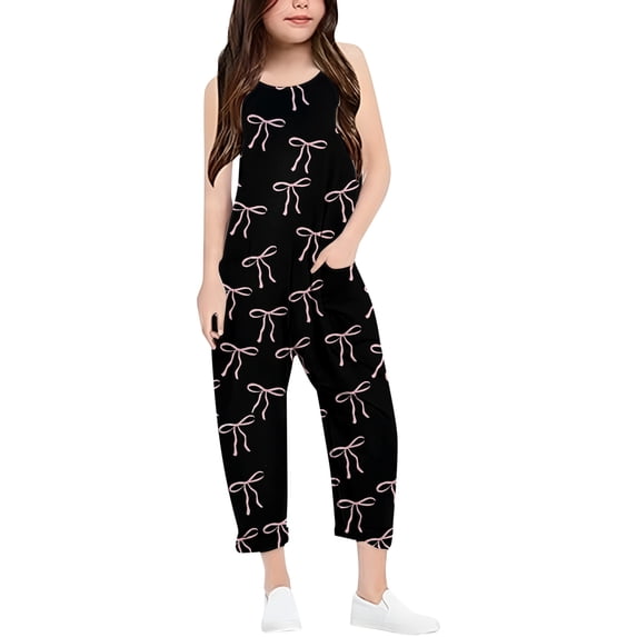 Girls Jumpsuit Bow Print Rompers for Girls Spaghetti Strap Overalls with Side Pockets Girl Clothes 5-6 Y