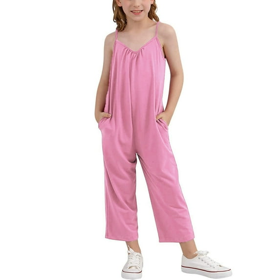 Girls Jumpsuit Sleeveless Plain Color Overalls Spaghetti Strap Loose Overalls Romper Long Pants with Pockets Teen Jumpsuit for Kids 6-7 Years