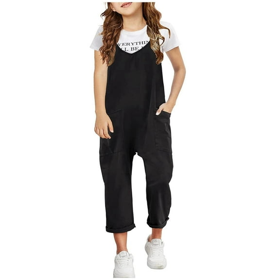 Girls Jumpsuit Casual Sleeveless Plain Color Overalls Spaghetti Strap Romper Long Pants with Pockets Teen Girl Summer Clothes for Tween Girls 8-9 Years