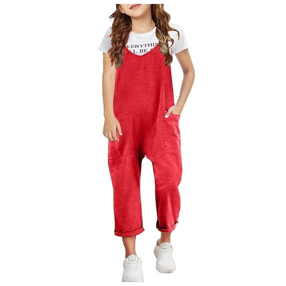 Girls Jumpsuit Sleeveless Casual Plain Color Overalls Loose Spaghetti Strap Summer Rompers Long Pants with Pockets Cute Teen Clothes for Kids 4-5 Years