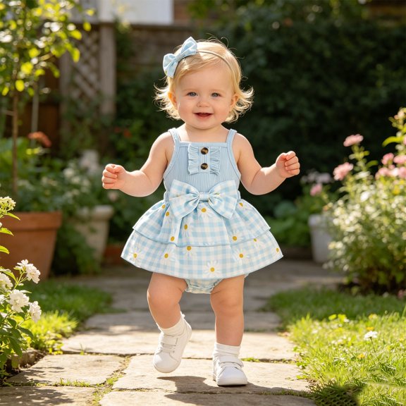 Girls Jumpsuit Graphic Print Square Neck Sleeveless Bow Tied Romper And HeadbAnd Two Piece Set for Daily Girls Rompers Blue 12 Months-18 Months