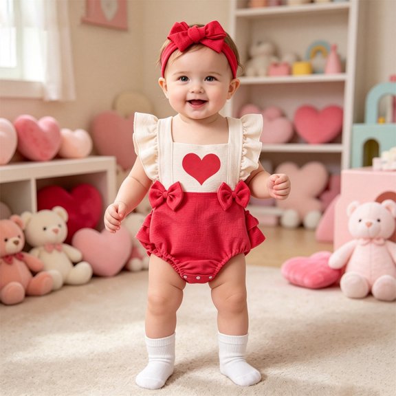Girls Jumpsuit Heart Print Square Neck Sleeveless Ruffle Hem Pleated Bow Tied Romper And HeadbAnd Two Piece Set for Casual Girls Rompers Red 12 Months-18 Months