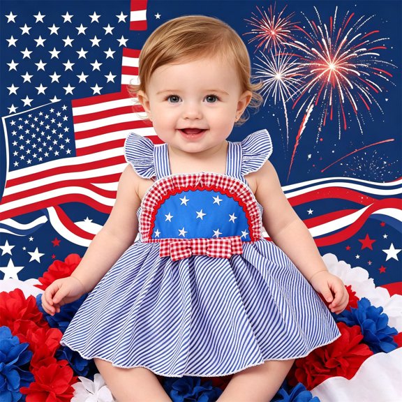 Girls Jumpsuit Independence Day Graphic Print Square Neck Sleeveless Pleated Ruffle Hem Romper for Everyday Girls Rompers Blue 3 Months-6 Months