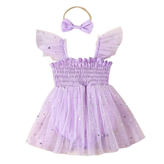 Girls Jumpsuit Baby Girls Fly Sleevel Mesh Skirts Romper with Bowknot Headbands Outfits Baby Bubble Romper Purple 0 Months-3 Months