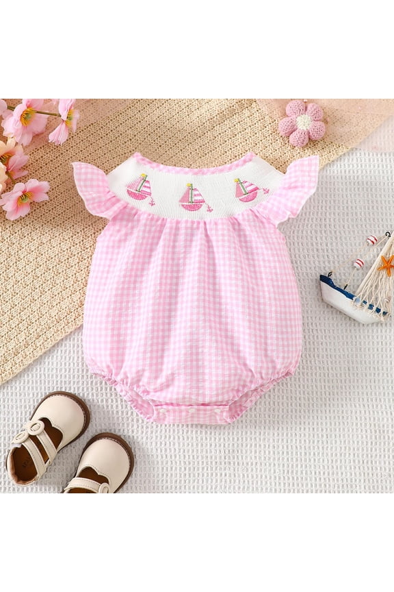 Girls Jumpsuit Baby Girls Summer Flutter Sleeve Plaid Romper Bodysuits with Sailboat Embroidery Baby Bubble Romper Pink 0 Months-3 Months