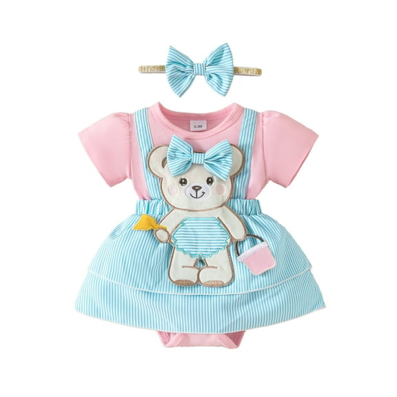 Girls Jumpsuit Girls Short Sleeve Cartoon Prints Romper Bodysuits Dress Headbands Outfits Baby Romper Red 12 Months-18 Months