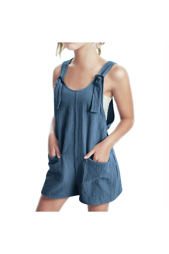 Girls Jumpsuit Kids Child Girls Summer Solid Ovealls Thin Breathable Jumpsuit Casual Shorts Baby Bubble Romper Navy 11 Years-12 Years