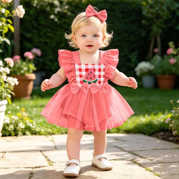 Girls Jumpsuit Mesh Graphic Print Square Neck Sleeveless Bow Tied Ruffle Hem Romper And HeadbAnd Two Piece Set for Everyday Girls Rompers Watermelon Red 3 Months-6 Months