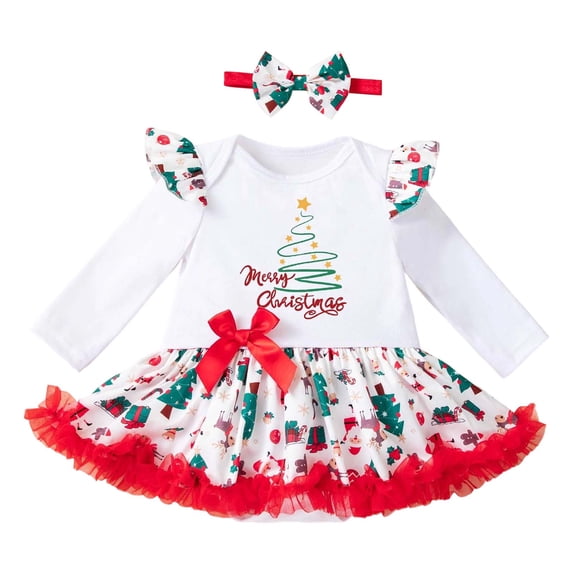 Girls Jumpsuit My First Christmas Print Girls Outfit Long Sleeve Bow Detail Tulle Romper and Hair Accessories 2 Piece Set Party Wear Bubble Romper