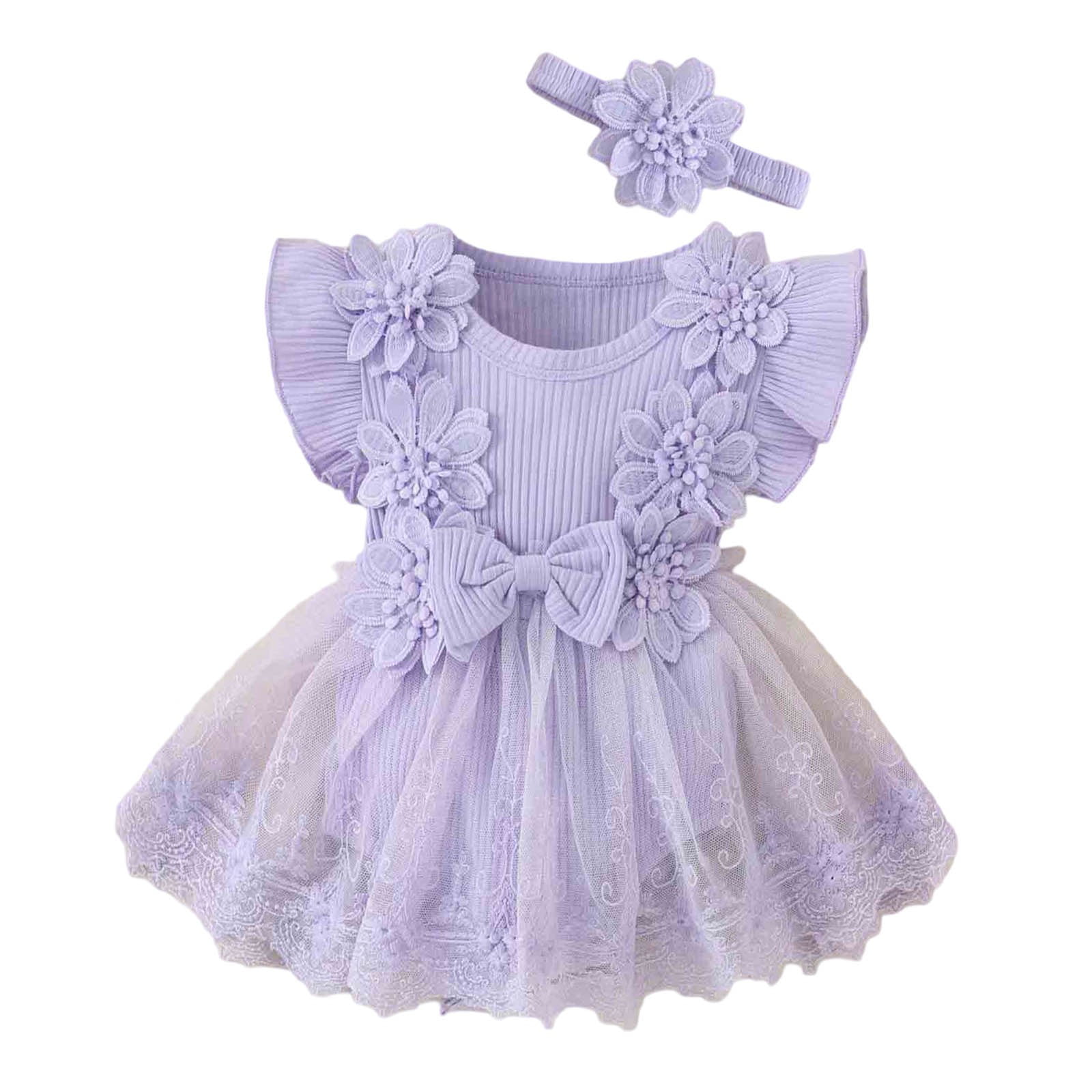 Girls Jumpsuit Baby Girls' Summer Floral Romper with Bow Solid One Piece Jumpsuit with Snap Closure Baby Romper 0 Months-3 Months