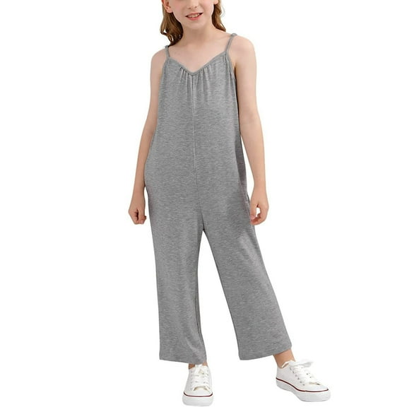 Girls Jumpsuit Sleeveless Casual Plain Color Overalls Spaghetti Strap Romper Long Pants with Pockets Tween Jumpsuit for Tween Girls 6-7 Years