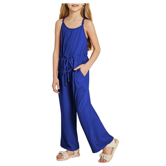 Girls Jumpsuit Sleeveless Casual Plain Color Overalls Strap Loose Overalls Romper Long Pants with Pockets Teen Summer Outfits for Tween Girls 4-5 Years