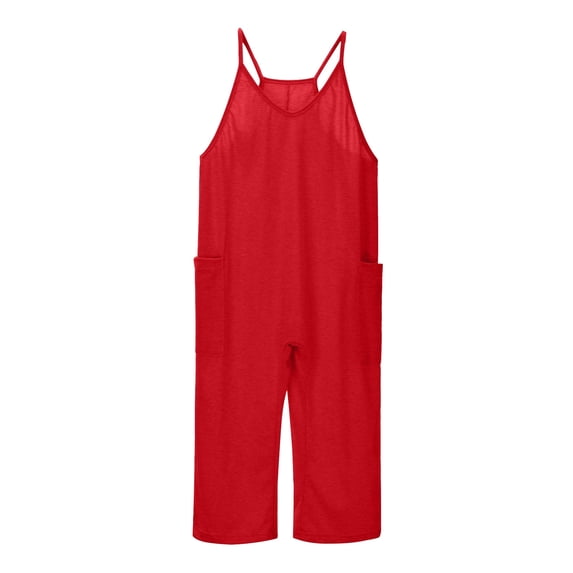 Girls Jumpsuit Sleeveless Crew Neck Spaghetti Strap Loose Overalls Long Pants With Pocket 1 Piece Overalls White Romper,Size 6 Years-7 Years